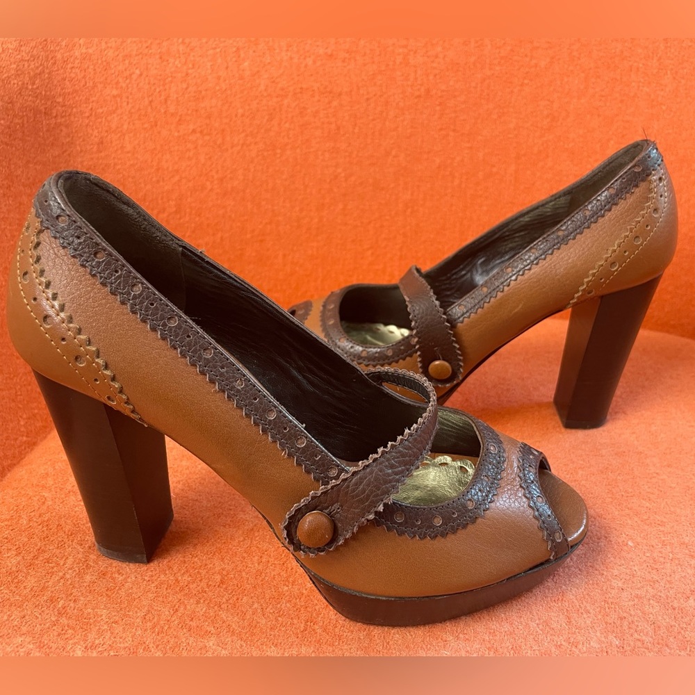 Juicy Couture Tan Leather Mary Jane Platform Y2K Block Heels VTG 90s Italy 6.5. - Picture 5 of 11